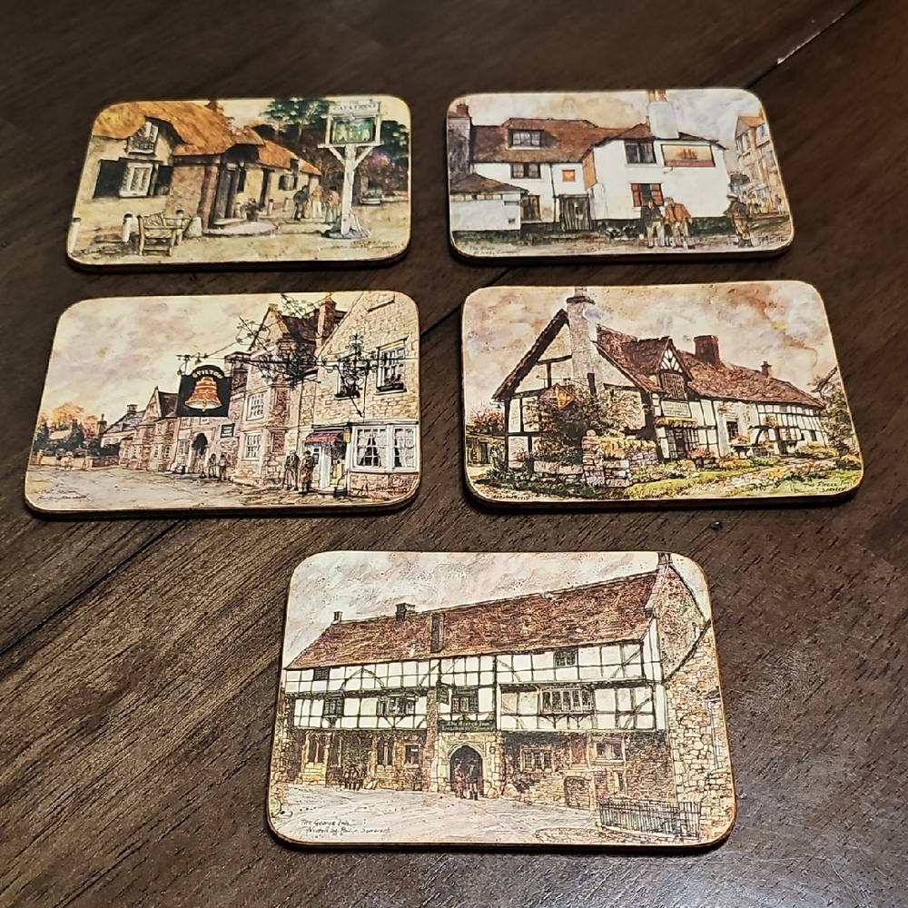 3 for $20 🇬🇧 Vintage Clover Leaf Coasters Set of 5 English Village Scenes